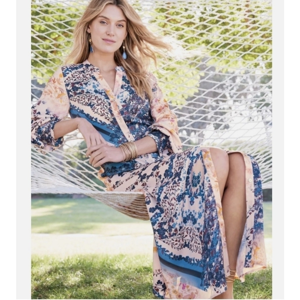 NWT SOFT SURROUNDINGS NASSAU PEACH BLUE FLORAL KIMONO LONG SLEEVE MAXI DRESS